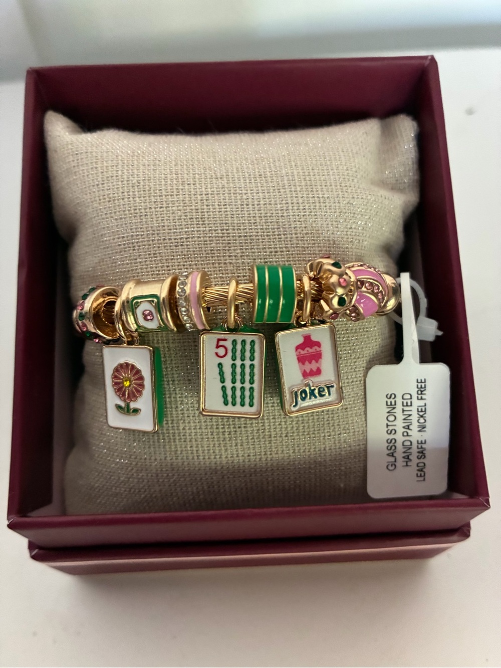 Piper K Gold-Tone Green & Pink Mahjong Charm Bracelet